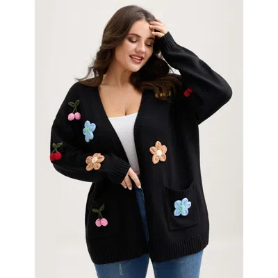 Bloomchic Women's Plus Size Crochet Floral Front-open Pockets Knit Cardigan Black Long Sleeve 22-24/3x
