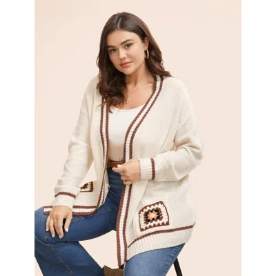 Bloomchic Women's Plus Size Crochet Floral Patch Pocket Drop Shoulder Cardigan Beige Long Sleeve 12/l In Sand