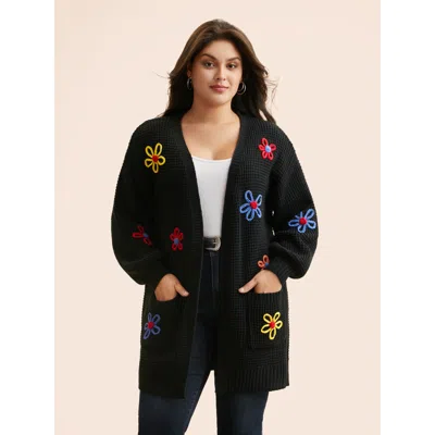 Bloomchic Women's Plus Size Crochet Floral Puff Sleeve Pocket Cardigan Black Long Sleeve 12/l