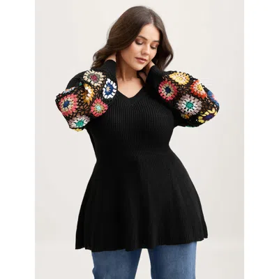Bloomchic Women's Plus Size Crochet Floral Waist-cinched Knit Cardigan Black Not Graphics Long Sleeve V-neck 1
