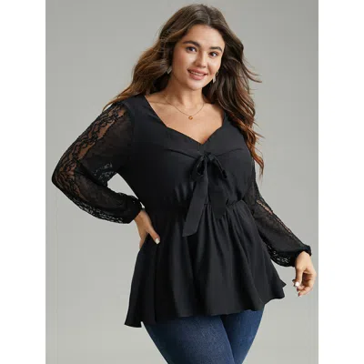 Bloomchic Women's Plus Size Crochet Lace Bowknot Elastic Waist Blouse Black Dailywear Long Sleeve 14-16/1x