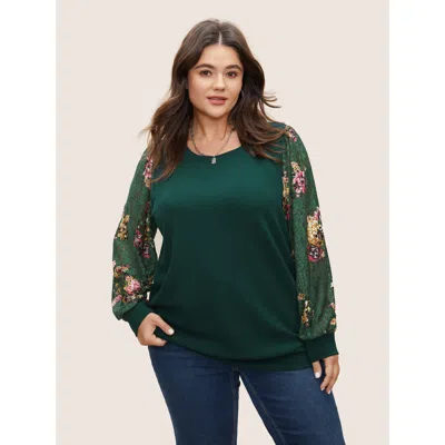 Bloomchic Women's Plus Size Crochet Lace Floral Print Round Neck Sweatshirt Darkgreen Floral Everyday 26/4x In Green