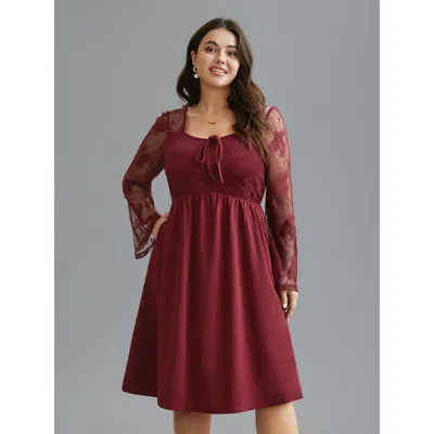 Bloomchic Women's Plus Size Crochet Lace Mesh Bell Sleeve Dress Scarlet Non Knee Everyday Woven Ribbon&lace Tr In Red