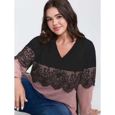 Bloomchic Women's Plus Size Crochet Lace Mesh Contrast Patchwork Top Dirtypink Long Sleeve Casual V-neck 10/m