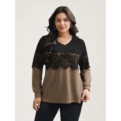 Bloomchic Women's Plus Size Crochet Lace Mesh Contrast Patchwork Top Lightbrown Long Sleeve Casual V-neck 18-2 In Brown