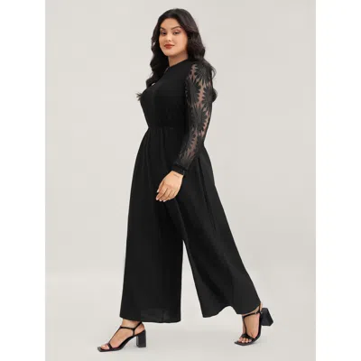 Bloomchic Women's Plus Size Crochet Lace Mesh Mock Neck Jumpsuit Black Elegant Skinny 10/m