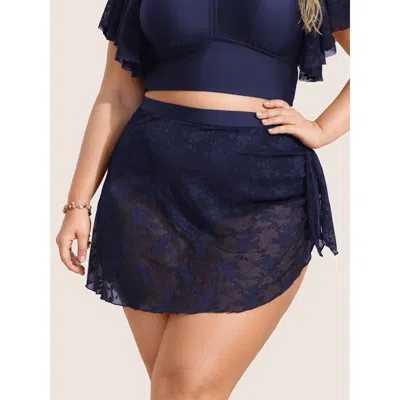 Bloomchic Women's Plus Size Crochet Lace Mesh Tie Knot Swim Bottom Navy Non Short Texture Fully Elasticated Wa In Blue