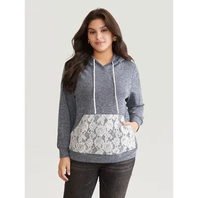 Bloomchic Women's Plus Size Crochet Lace Patchwork Pocket Hooded Sweatshirt Indigo Plain Everyday 12/l In Purple