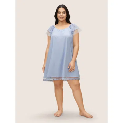 Bloomchic Women's Plus Size Crochet Lace Sheer Sleeve Gathered Nightgown Lightblue Cap Sleeve Non 12/l In Blue