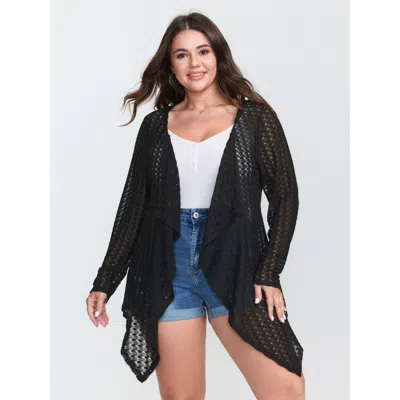 Bloomchic Women's Plus Size Crochet Textured Ruffled Hem Kimono Black 10/m