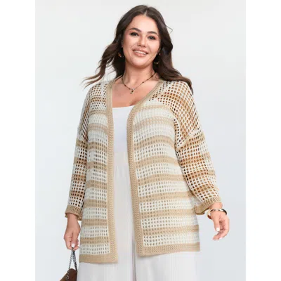 Bloomchic Women's Plus Size Crochet V-neck Striped Knit Cardigan Apricot 3/4 Sleeve V-neck 12/l In Orange