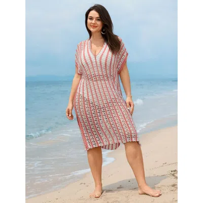 Bloomchic Women's Plus Size Crocheted Color Contrast Sheer Swim Cover-up Watermelon Relaxed Fit 10/m In Green