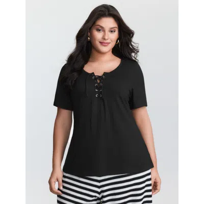 Bloomchic Women's Plus Size Cross Tie Neckline Plain T-shirt Black Non Casual Short Sleeve 12/l