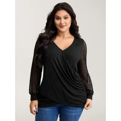 Bloomchic Women's Plus Size Crossover Draped Lace Sheer Sleeve Knit Top Black Long Sleeve Elegant V-neck 28/5x