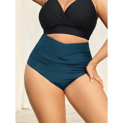 Bloomchic Women's Plus Size Crossover High Waist Ruched Bikini Bottoms Aegean Solid Booty Ruched Elastic Waist In Blue