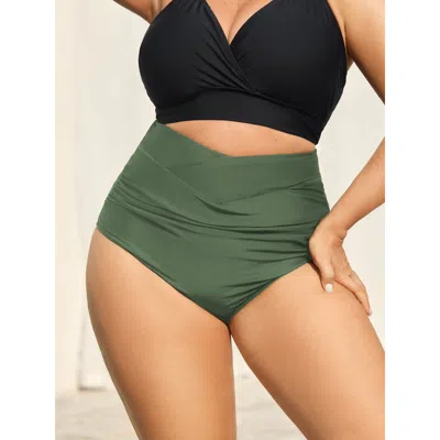 Bloomchic Women's Plus Size Crossover High Waist Ruched Bikini Bottoms Armygreen Solid Booty Ruched Elastic Wa