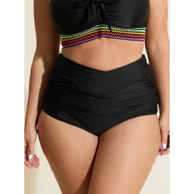 Bloomchic Women's Plus Size Crossover High Waist Ruched Bikini Bottoms Black Solid Booty Ruched Elastic Waist 