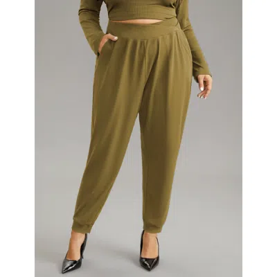 Bloomchic Women's Plus Size Crossover Plain Texture High Rise Pants Olive High Rise Everyday 10/m In Green