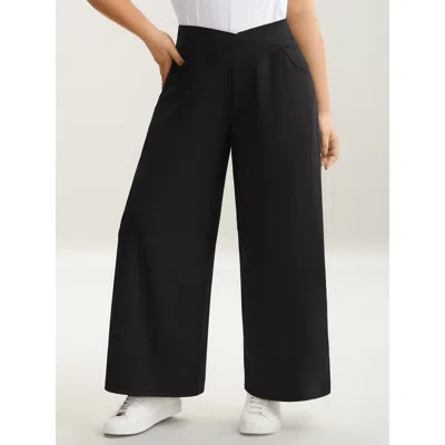 Bloomchic Women's Plus Size Crossover Waist Very Stretchy Wide-leg Pants Black Solid Straight Fit Mid Rise Cas