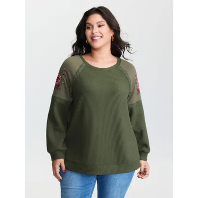 Bloomchic Women's Plus Size Crossstich Lace Trim Floral Embroidery Sweatshirt Armygreen Not Graphics Casual Ro
