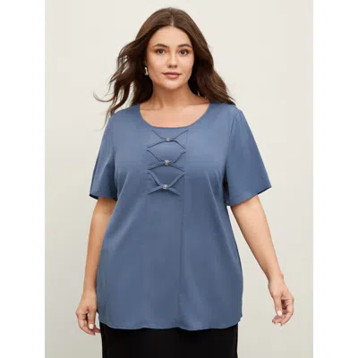Bloomchic Women's Plus Size Cross-tie Metal Detail Solid Blouse Mediumblue Non Office Short Sleeve 10/m