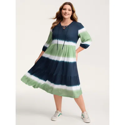 Bloomchic Women's Plus Size Cross-tie Neckline Color Gradient Midi Dress Multicolor Ombre Midi Casual Grommets