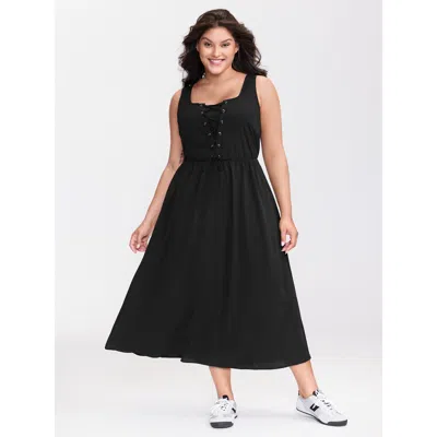 Bloomchic Women's Plus Size Cross-tie Textured Solid Midi Dress Black Non Midi Casual Grommets 10/m
