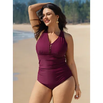 Bloomchic Women's Plus Size Crosstraps Back Tummy-control One-piece Swimsuit Burgundy Non Cross Straps Adaptiv