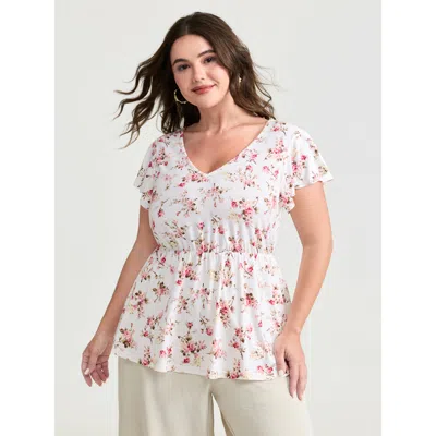 Bloomchic Women's Plus Size Cute Floral Print Stretchy Knit Top Ivory Short Sleeve Elegant V-neck 12/l In White
