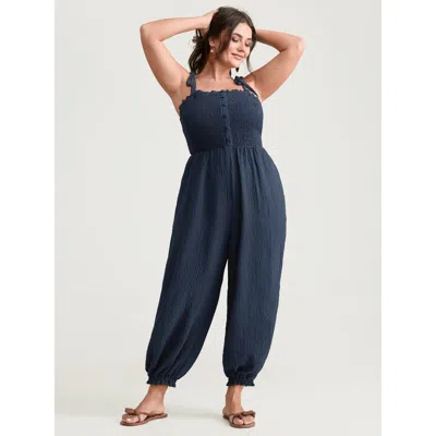 Bloomchic Women's Plus Size Cute Shoulder-tie Cuffed Hem Jumpsuit Darkblue Vacation 22-24/3x In Blue