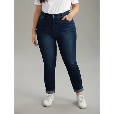 Bloomchic Women's Plus Size Cutoff Roll Hem Full Length Jeans Darkblue Plain Plain High Stretch 14/1x In Blue