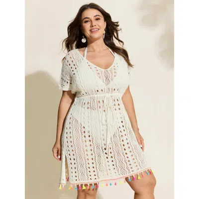 Bloomchic Women's Plus Size Cut-out Colorful Tassels Swim Cover-up Ivory Short Sleeve Fitted 22-24/3x In White