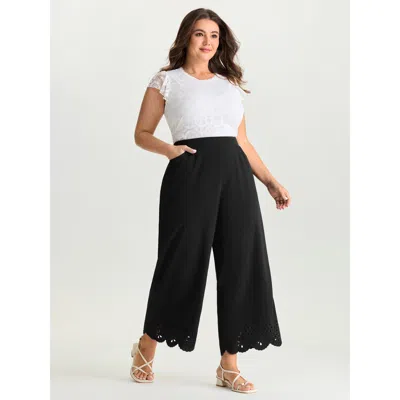 Bloomchic Women's Plus Size Cut-out Embroidered Hem Plain Pants Black Synthetic Texture Wide Leg Mid Rise Eleg
