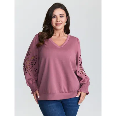 Bloomchic Women's Plus Size Cut-out Embroidered Sleeve Rayon Sweatshirt Dustypink Not Graphics Elegant V-neck  In Pink