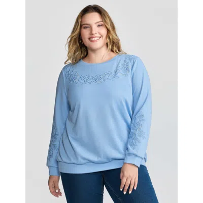 Bloomchic Women's Plus Size Cut-out Embroidery Relaxed-fit Sweatshirt Lightblue Casual 10/m In Blue