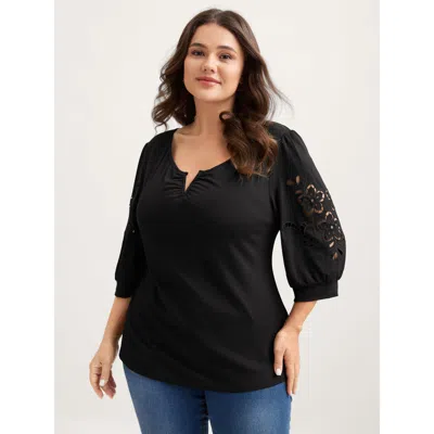 Bloomchic Women's Plus Size Cut-out Embroidery Sleeve Solid T-shirt Black Solid Elegant 3/4 Sleeve V-notch Nec