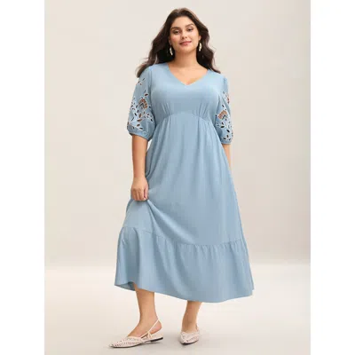 Bloomchic Women's Plus Size Cut-out Embroidery Stretchy Waist Midi Dress Skyblue Solid Maxi Vacation Embroider In Blue