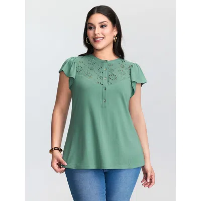 Bloomchic Women's Plus Size Cut-out Flutter Sleeve Knit Top Mint Cap Sleeve Elegant 10/m In Green
