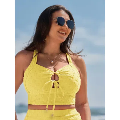 Bloomchic Women's Plus Size Cut-out Front-tie Textured Bikini Top Lightyellow Floral Sleeveless Texture Adapti