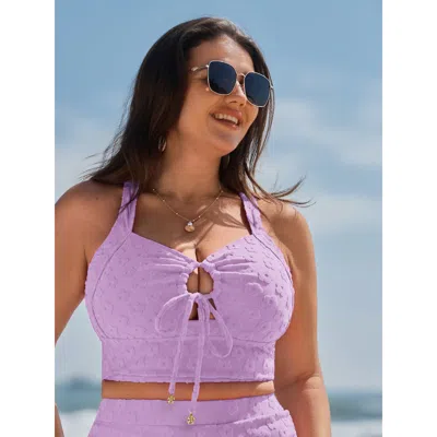 Bloomchic Women's Plus Size Cut-out Front-tie Textured Bikini Top Lilac Floral Sleeveless Texture Adaptive-fit In Purple