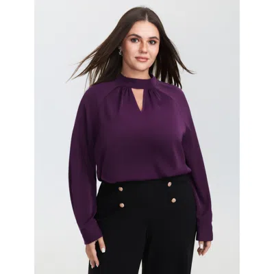 Bloomchic Women's Plus Size Cut-out Neckline Pleated Blouse Eggplant Non Office Extra Long Sleeve 12/l In Purple