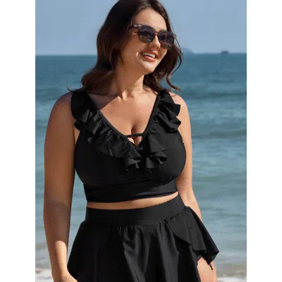 Bloomchic Women's Plus Size Cut-out Ruffled Sleeve Swim Top Black Non Sleeveless Cut-out Adaptive-fit 10/m