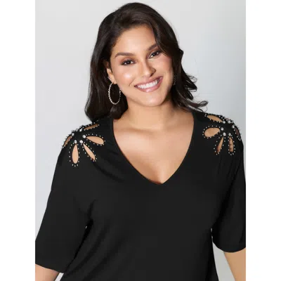 Bloomchic Women's Plus Size Cut-out Shoulder Beads T-shirt Black Solid Party Short Sleeve V-neck 12/l