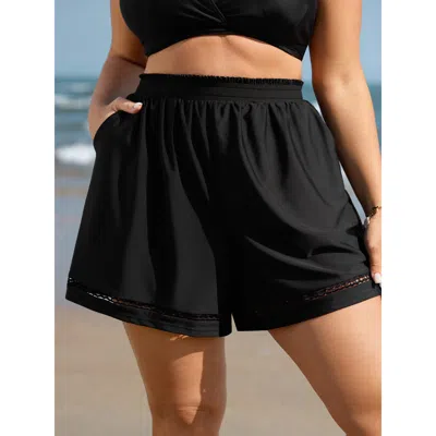 Bloomchic Women's Plus Size Cut-out Side Pockets Swim Shorts Black Non Short Woven Ribbon&lace Trim Fully Elas