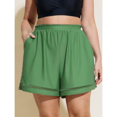 Bloomchic Women's Plus Size Cut-out Side Pockets Swim Shorts Greenbean Non Short Woven Ribbon&lace Trim Fully 