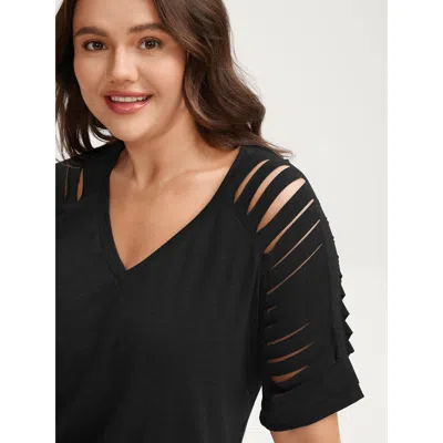 Bloomchic Women's Plus Size Cut-out Sleeve V Neck T-shirt Black Short Sleeve Casual V-neck 10/m