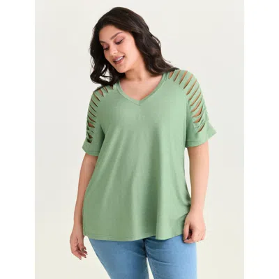 Bloomchic Women's Plus Size Cut-out Sleeve V Neck T-shirt Greenbean Short Sleeve Casual V-neck 10/m