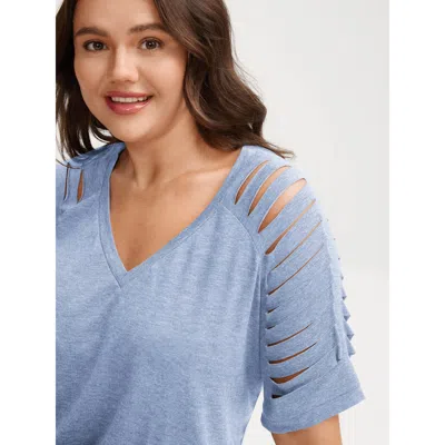 Bloomchic Women's Plus Size Cut-out Sleeve V Neck T-shirt Lightblue Short Sleeve Casual V-neck 10/m In Blue