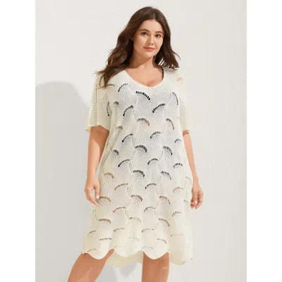 Bloomchic Women's Plus Size Cut-out Solid V-neck Swim Cover Up Ivory Short Sleeve 14-16/1x In White