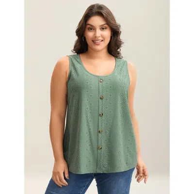 Bloomchic Women's Plus Size Cut-out Textured Button Detail Tank Top Greenbean Casual A-line Round Neck 10/m